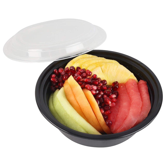 32 oz Black Round Microwavable Plastic Food Containers with Lids – Heavy-Duty, 150/Case