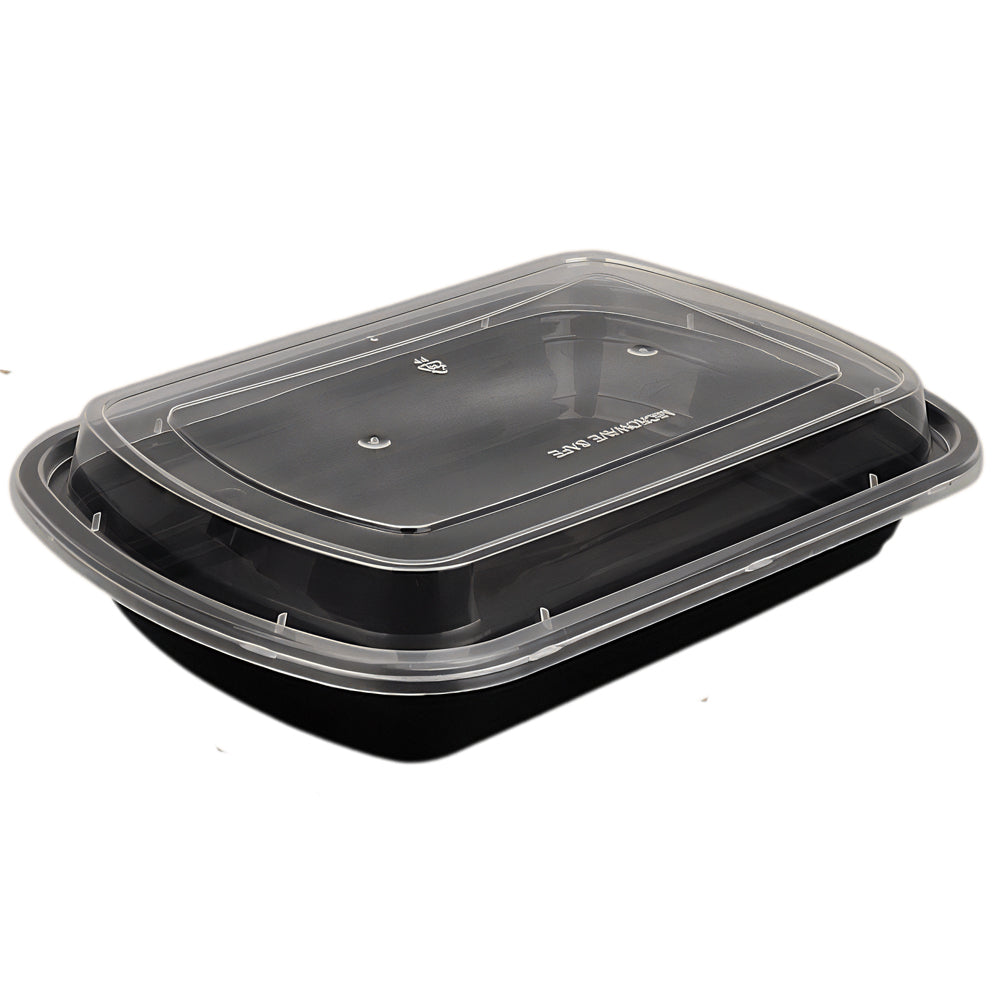 24 oz Black Rectangular Microwavable Heavy-Duty Plastic Food Containers with Lids – 150/Case