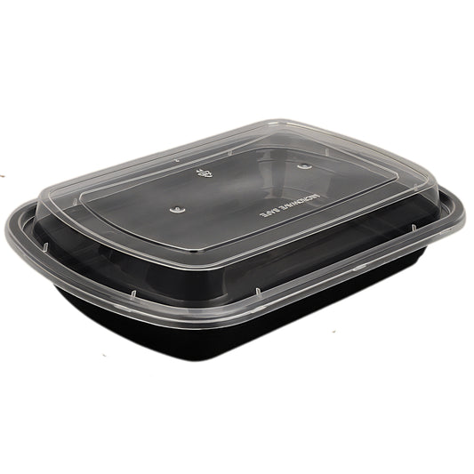 24 oz Black Rectangular Microwavable Heavy-Duty Plastic Food Containers with Lids – 150/Case