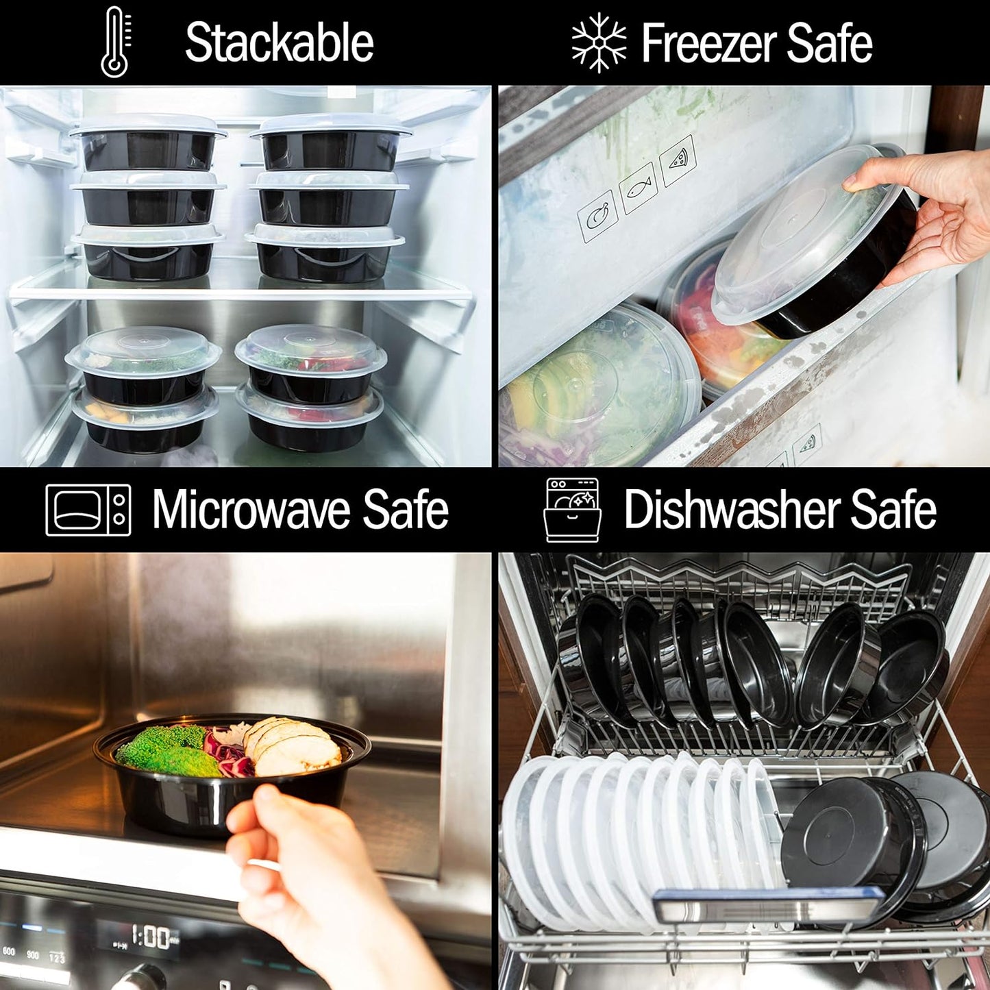 32 oz Black Round Microwavable Plastic Food Containers with Lids – Heavy-Duty, 150/Case
