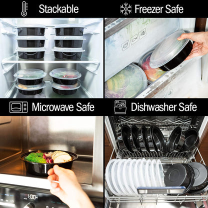 32 oz Black Round Microwavable Plastic Food Containers with Lids – Heavy-Duty, 150/Case