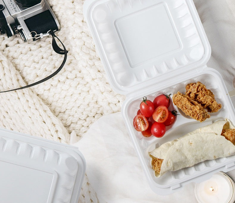 9" x 9" Microwaveable Plastic Hinged Take-Out Container – White, 3 Compartments, 150/Case