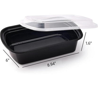 28 oz Rectangular Black Meal Prep Containers with Clear Lids – Microwave & Freezer Safe – 150/Case