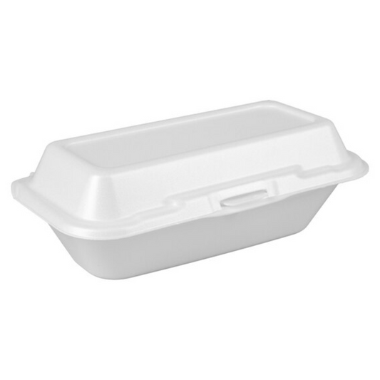 8 ⁵⁄₇" x 5 ½" x 3 ½" White Foam Hoagie Take-Out Container with Perforated Hinged Lid – 200/Case