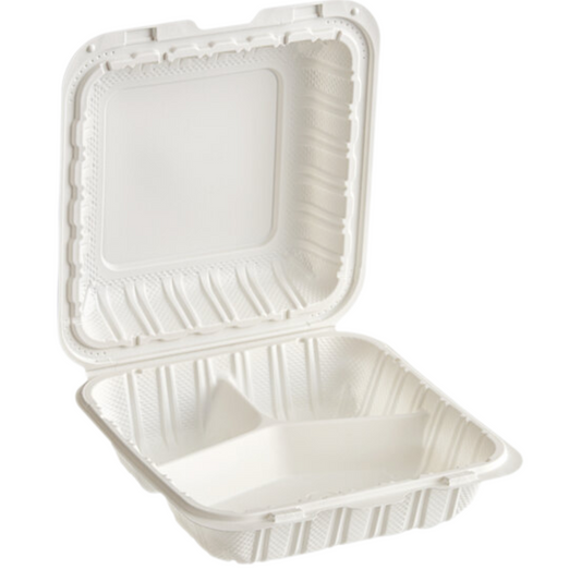 8" x 8" Microwaveable Plastic Hinged Take-Out Container – White, 3 Compartments, 150/Case