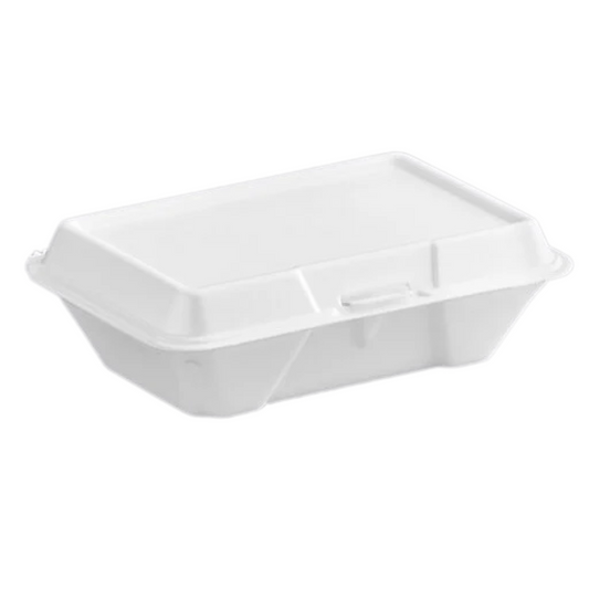 9 ½" x 5 ½" x 2 ½" White Foam Hot Dog Containers – Hinged Lid Take-Out Box, Disposable Food Service, 200/Case