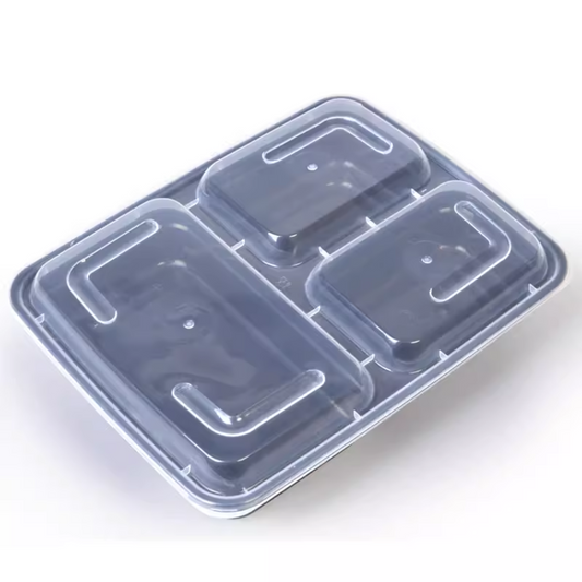 Heavy Duty 39 oz. 3 Compartment Rectangular Microwavable Container with Lid - 150/Case