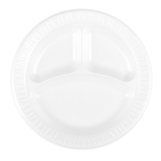 9" White 3-Compartment Round Foam Plates – Non-Laminated Disposable Dinnerware, 500/Case