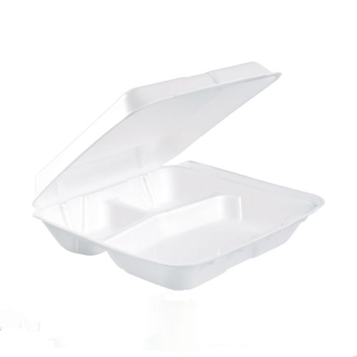 9"x9"x3" White Foam Hinged To-Go Containers with Lids, 3-Compartment – 200/Case